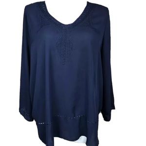Woman Within Navy Blue Long Sleeve Crochet Trim Blouse